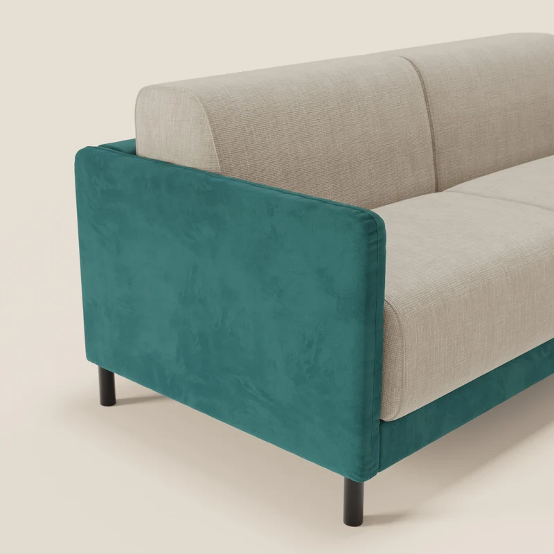 Narciso canapé convertible design avec matelas H18 cm, bicolor, structure en microfibre antitache et revêtement en élégant tissu imperméable T06 bleu canard - crème