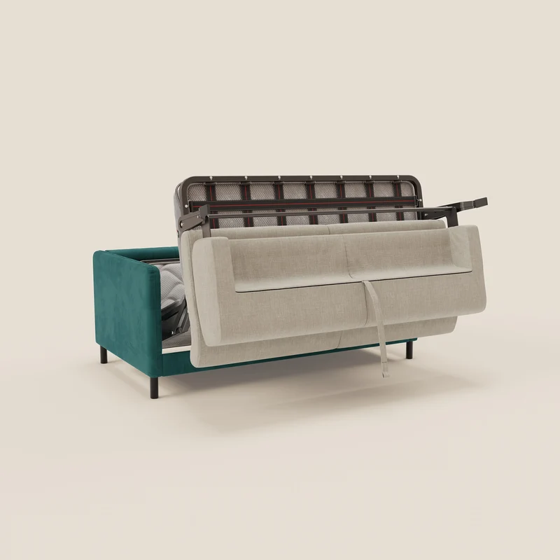 Narciso canapé convertible design avec matelas H18 cm, bicolor, structure en microfibre antitache et revêtement en élégant tissu imperméable T06 bleu canard - crème