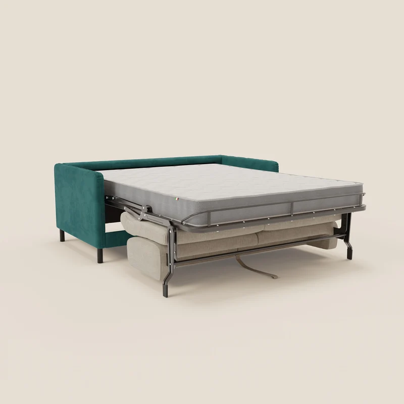 Narciso canapé convertible design avec matelas H18 cm, bicolor, structure en microfibre antitache et revêtement en élégant tissu imperméable T06 bleu canard - crème