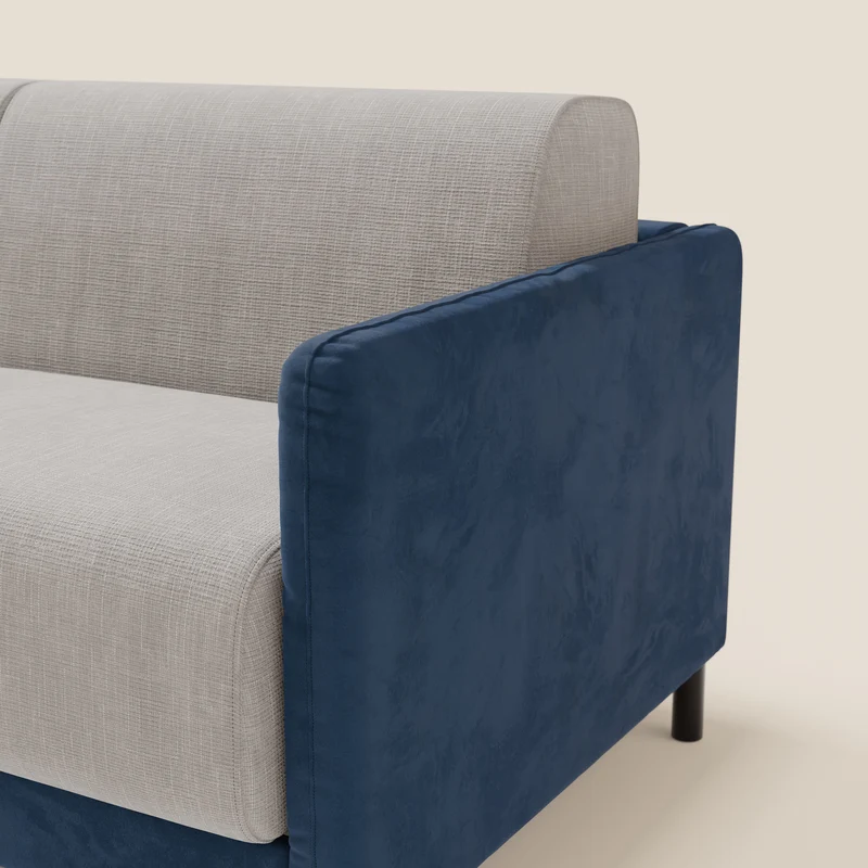 Narciso canapé convertible design avec matelas H18 cm, bicolor, structure en microfibre antitache et revêtement en élégant tissu imperméable T06 bleu - gris clair