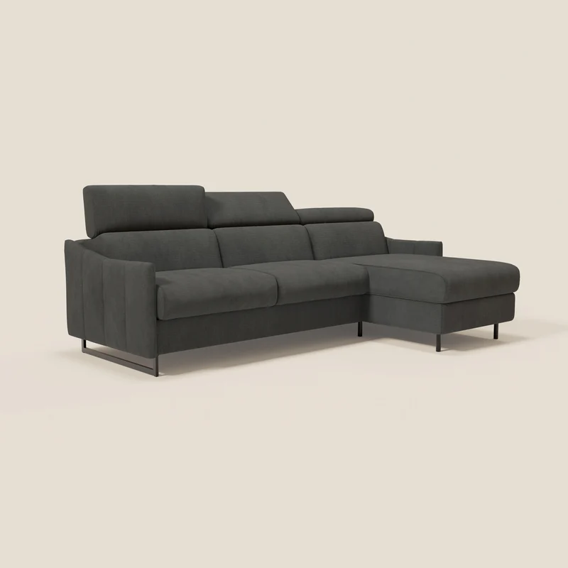 Loto Canapé d'angle convertible avec chaise longue coffre, têtières et matelas H 18 cm en tissu doux imperméable T14 anthracite