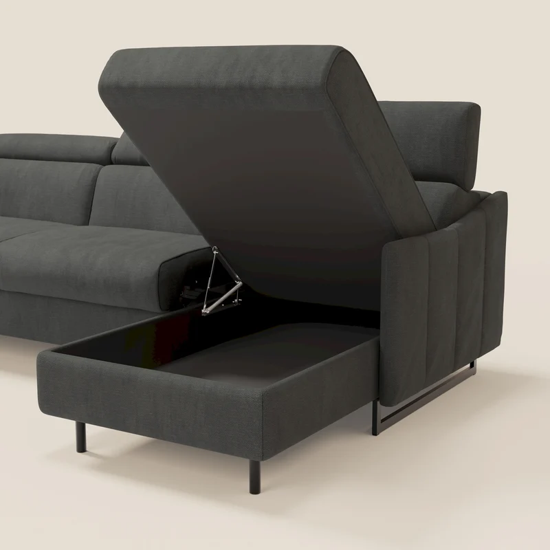 Loto Canapé d'angle convertible avec chaise longue coffre, têtières et matelas H 18 cm en tissu doux imperméable T14 anthracite