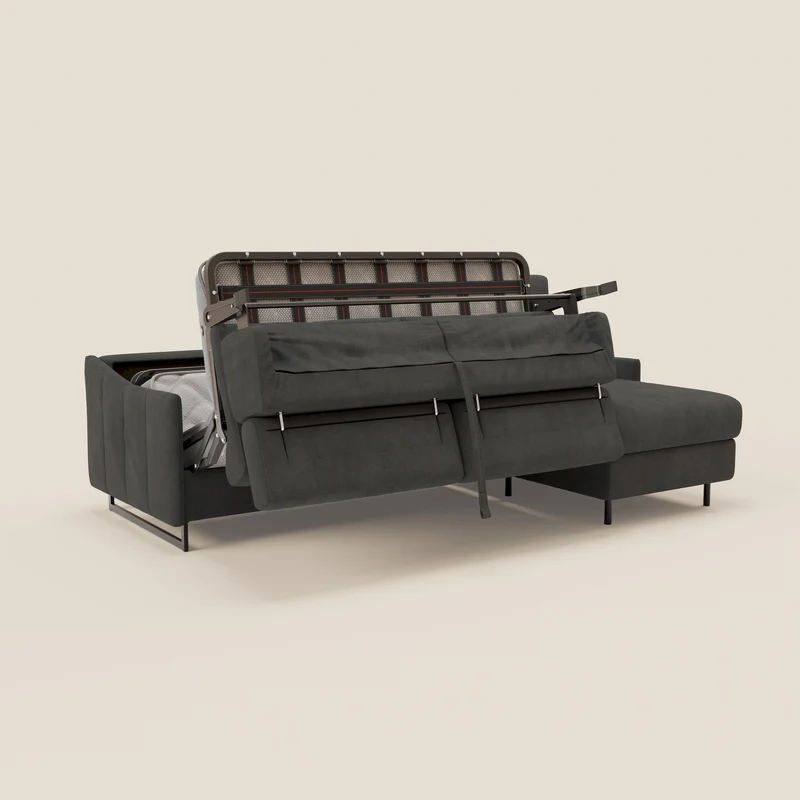 Loto Canapé d'angle convertible avec chaise longue coffre, têtières et matelas H 18 cm en tissu doux imperméable T14 anthracite
