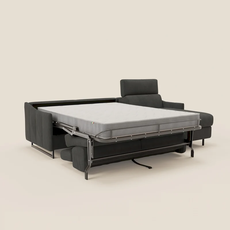 Loto Canapé d'angle convertible avec chaise longue coffre, têtières et matelas H 18 cm en tissu doux imperméable T14 anthracite