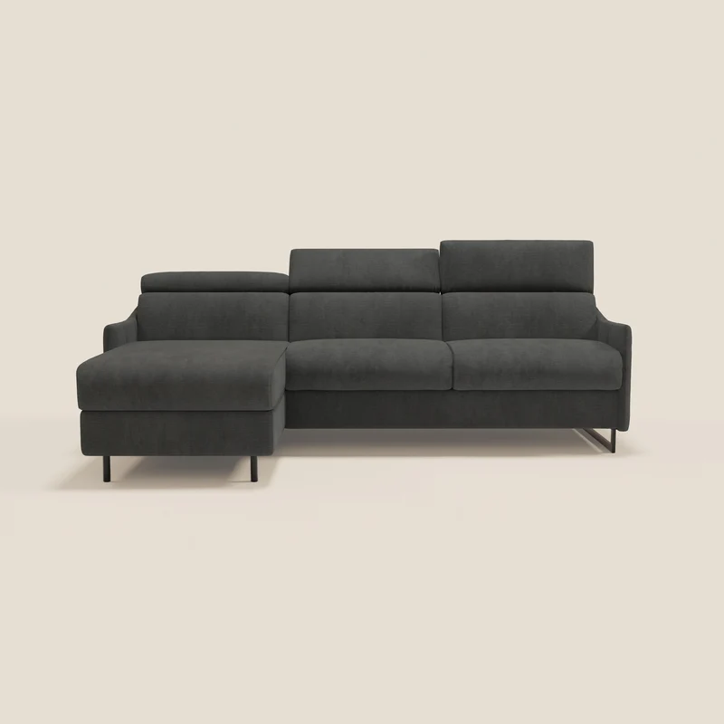 Loto Canapé d'angle convertible avec chaise longue coffre, têtières et matelas H 18 cm en tissu doux imperméable T14 anthracite