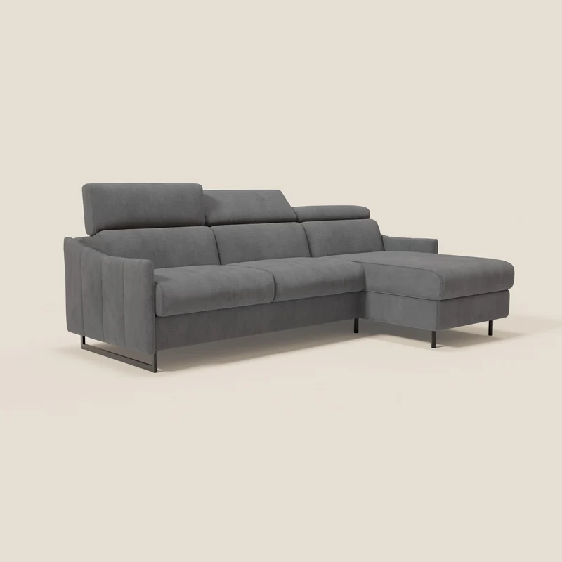 Loto Canapé d'angle convertible avec chaise longue coffre, têtières et matelas H 18 cm en tissu doux imperméable T14 gris