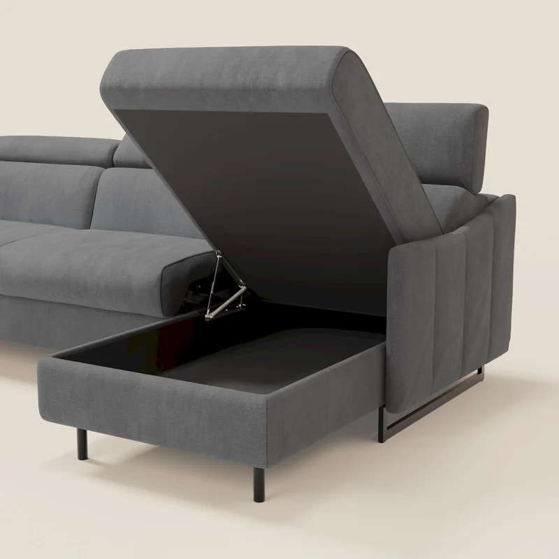 Loto Canapé d'angle convertible avec chaise longue coffre, têtières et matelas H 18 cm en tissu doux imperméable T14 gris