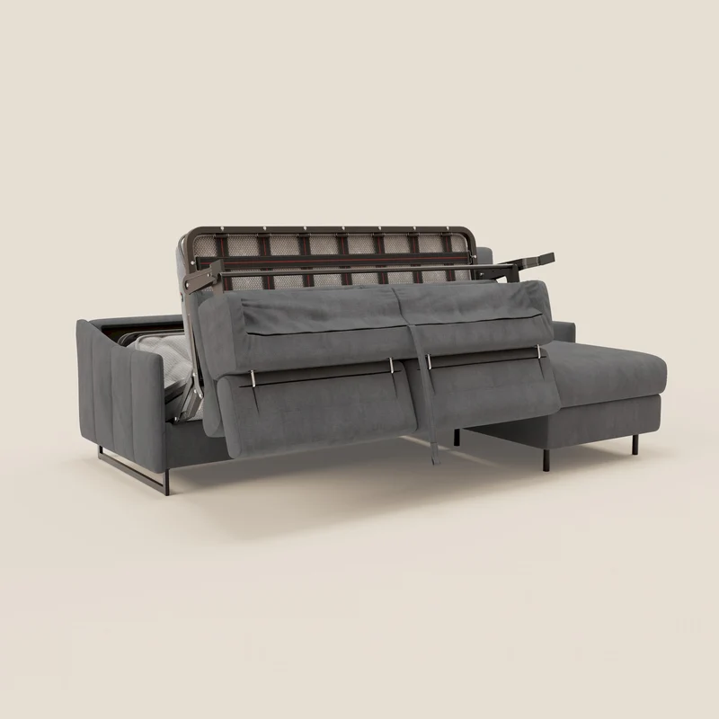 Loto Canapé d'angle convertible avec chaise longue coffre, têtières et matelas H 18 cm en tissu doux imperméable T14 gris