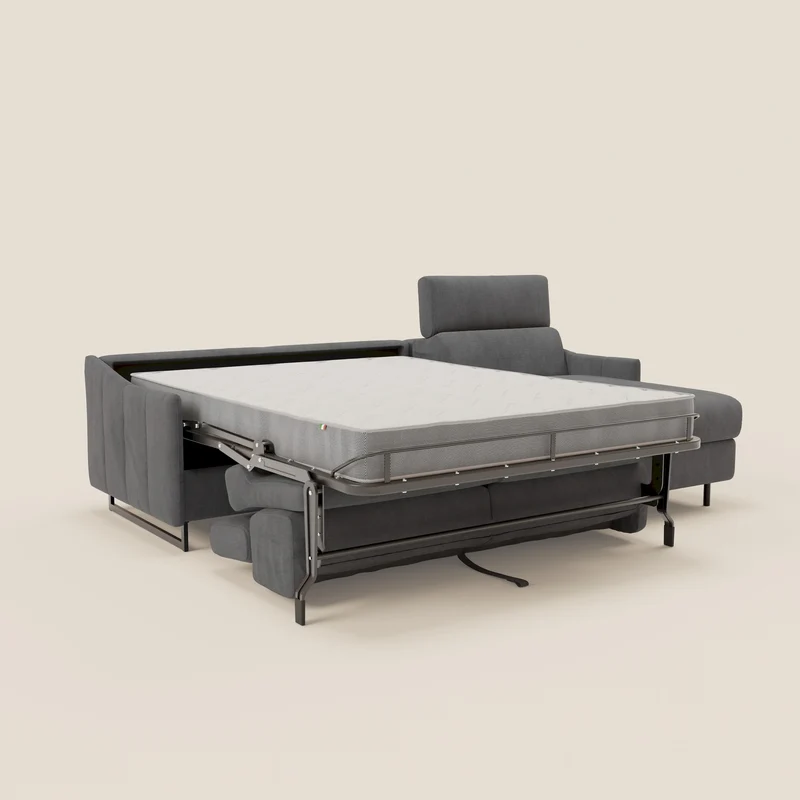 Loto Canapé d'angle convertible avec chaise longue coffre, têtières et matelas H 18 cm en tissu doux imperméable T14 gris