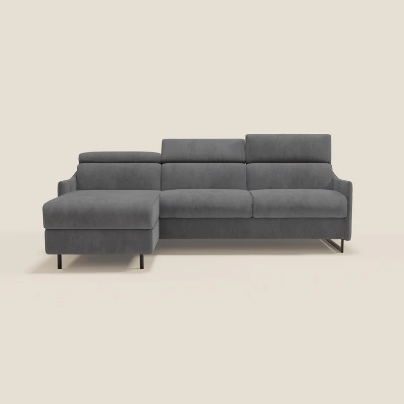 Loto Canapé d'angle convertible avec chaise longue coffre, têtières et matelas H 18 cm en tissu doux imperméable T14 gris