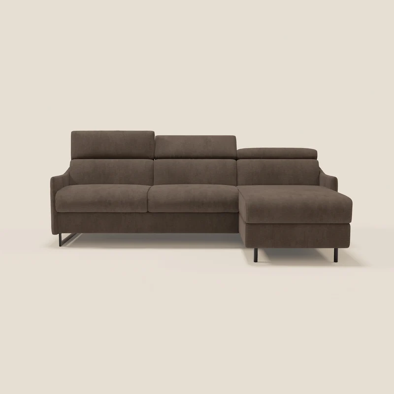 Loto Canapé d'angle convertible avec chaise longue coffre, têtières et matelas H 18 cm en tissu doux imperméable T14 marron