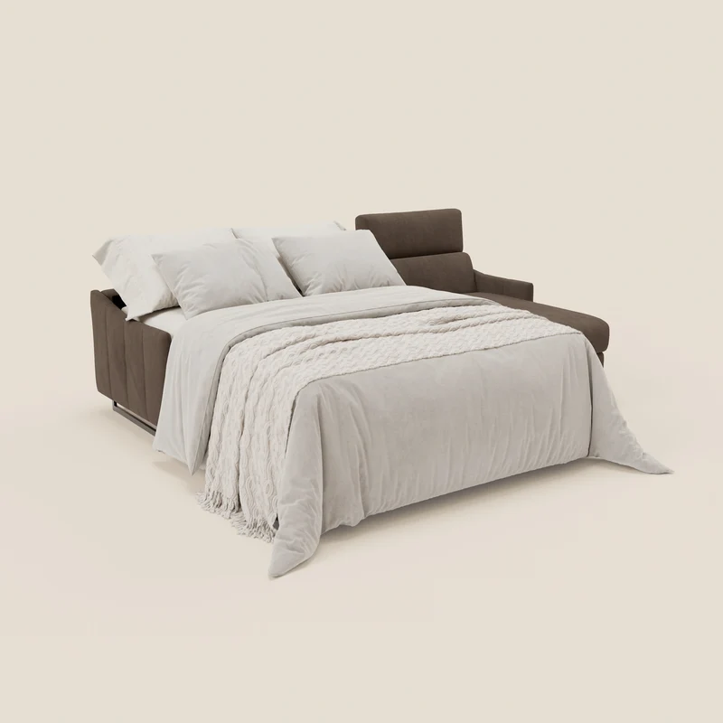 Loto Canapé d'angle convertible avec chaise longue coffre, têtières et matelas H 18 cm en tissu doux imperméable T14 marron