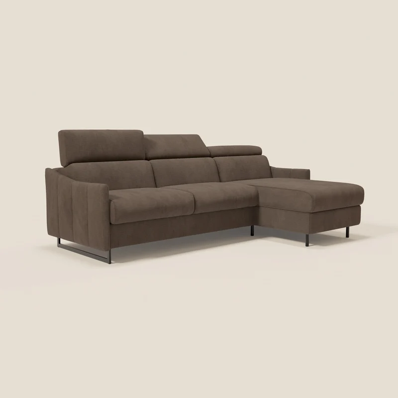 Loto Canapé d'angle convertible avec chaise longue coffre, têtières et matelas H 18 cm en tissu doux imperméable T14 marron