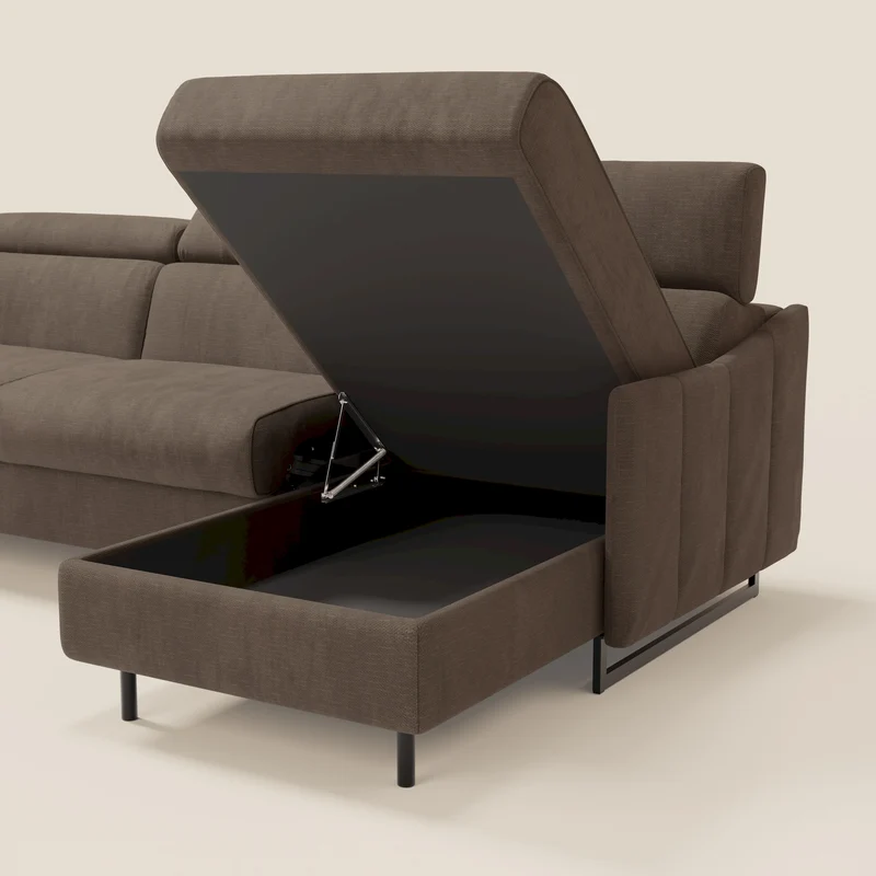 Loto Canapé d'angle convertible avec chaise longue coffre, têtières et matelas H 18 cm en tissu doux imperméable T14 marron