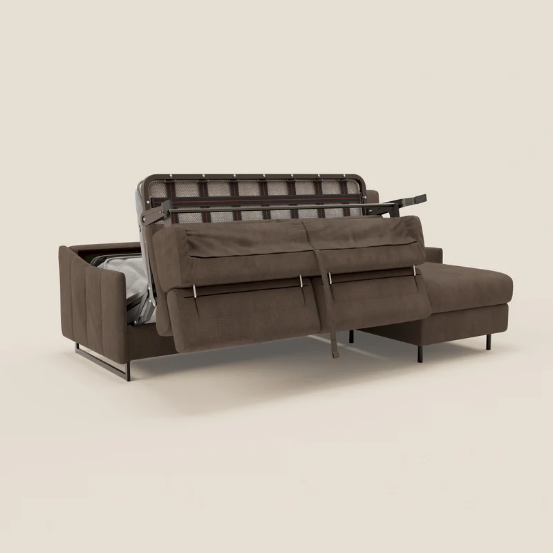 Loto Canapé d'angle convertible avec chaise longue coffre, têtières et matelas H 18 cm en tissu doux imperméable T14 marron