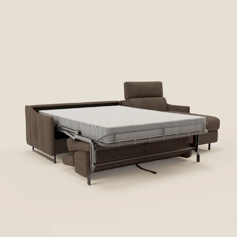 Loto Canapé d'angle convertible avec chaise longue coffre, têtières et matelas H 18 cm en tissu doux imperméable T14 marron