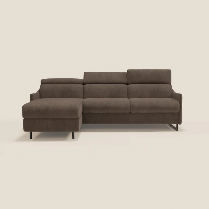 Loto Canapé d'angle convertible avec chaise longue coffre, têtières et matelas H 18 cm en tissu doux imperméable T14 marron