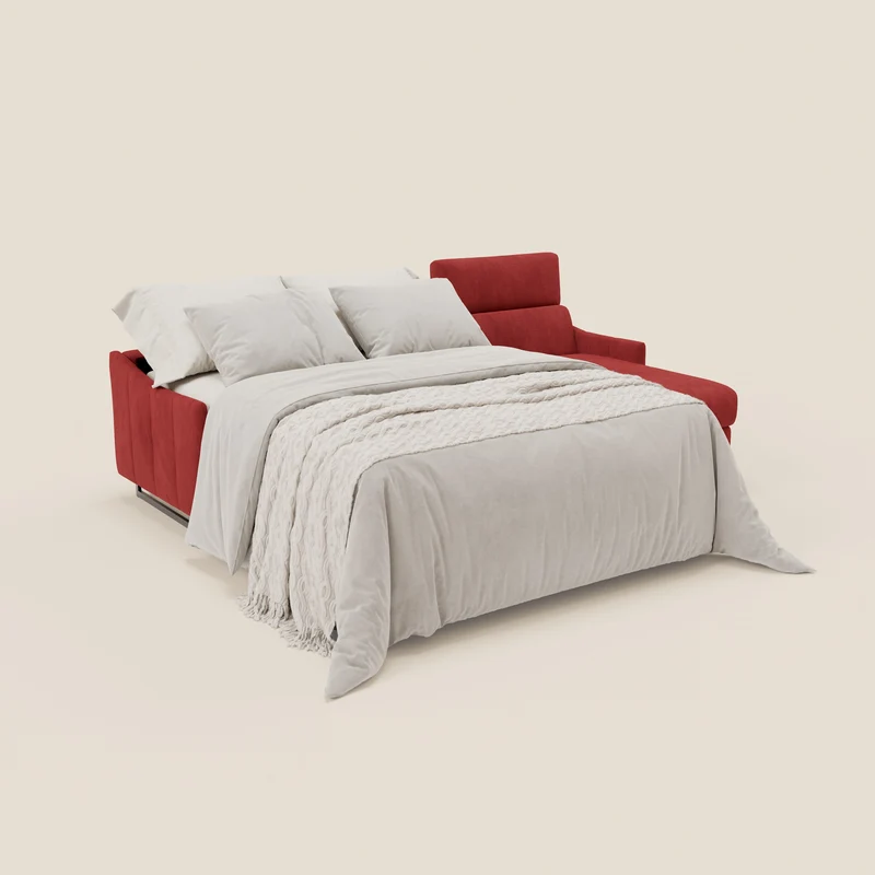 Loto Canapé d'angle convertible avec chaise longue coffre, têtières et matelas H 18 cm en tissu doux imperméable T14 rouge