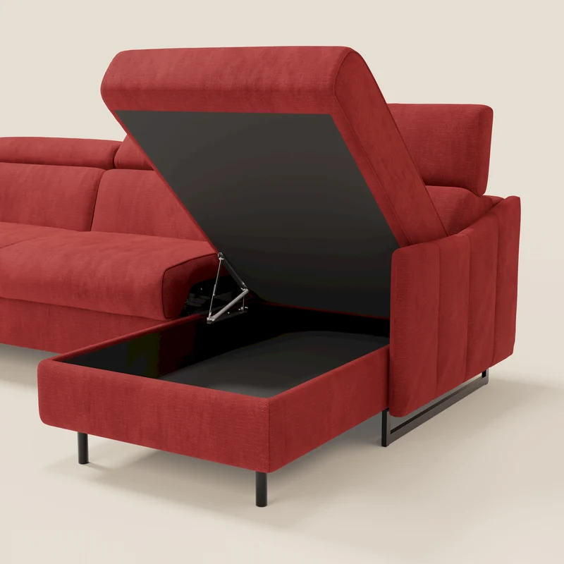 Loto Canapé d'angle convertible avec chaise longue coffre, têtières et matelas H 18 cm en tissu doux imperméable T14 rouge
