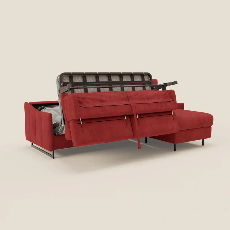 Loto Canapé d'angle convertible avec chaise longue coffre, têtières et matelas H 18 cm en tissu doux imperméable T14 rouge