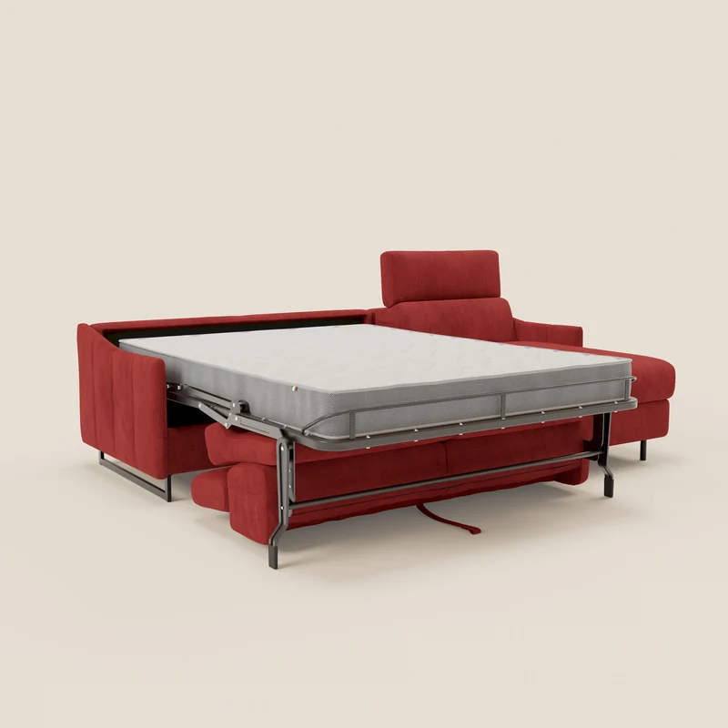 Loto Canapé d'angle convertible avec chaise longue coffre, têtières et matelas H 18 cm en tissu doux imperméable T14 rouge