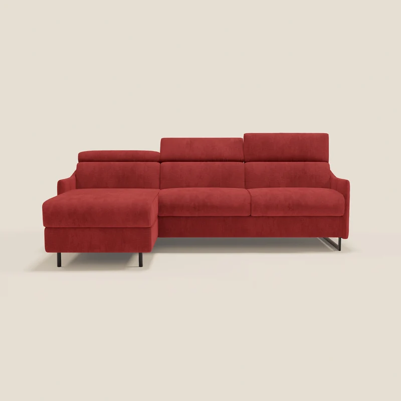 Loto Canapé d'angle convertible avec chaise longue coffre, têtières et matelas H 18 cm en tissu doux imperméable T14 rouge