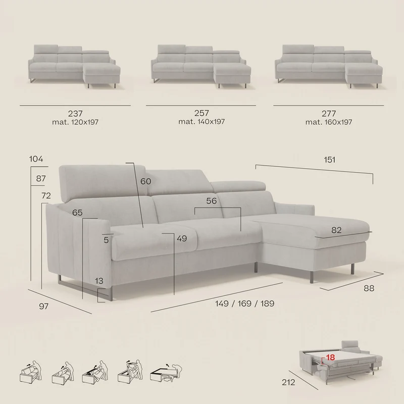 Loto Canapé d'angle convertible avec chaise longue coffre, têtières et matelas H 18 cm en tissu doux imperméable T14 rouge