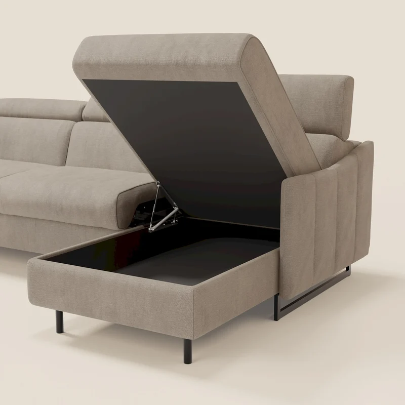 Loto Canapé d'angle convertible avec chaise longue coffre, têtières et matelas H 18 cm en tissu doux imperméable T14 taupe