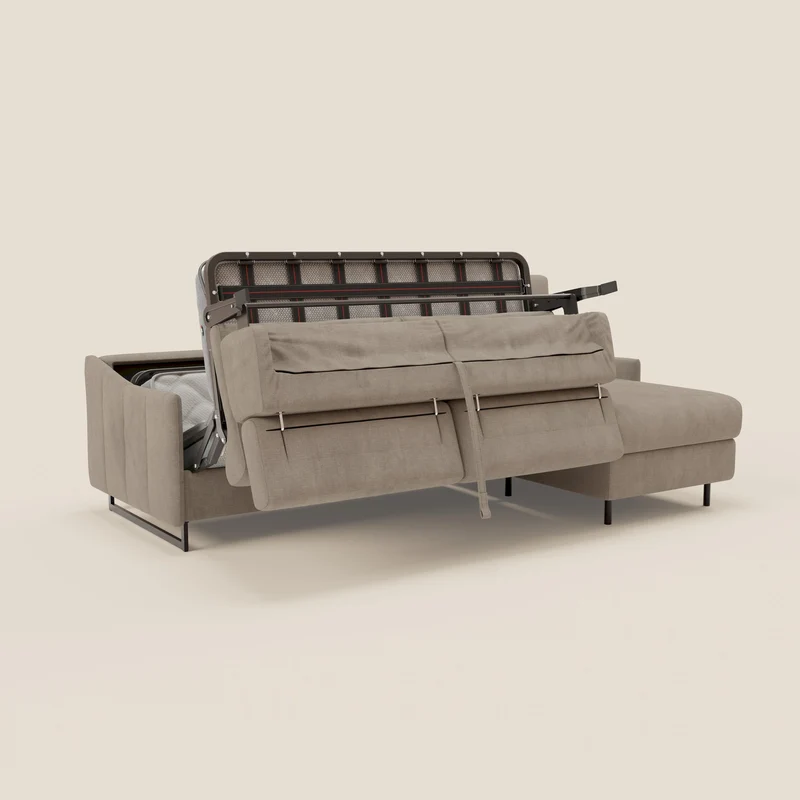 Loto Canapé d'angle convertible avec chaise longue coffre, têtières et matelas H 18 cm en tissu doux imperméable T14 taupe