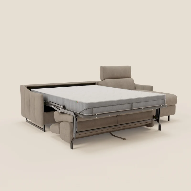 Loto Canapé d'angle convertible avec chaise longue coffre, têtières et matelas H 18 cm en tissu doux imperméable T14 taupe