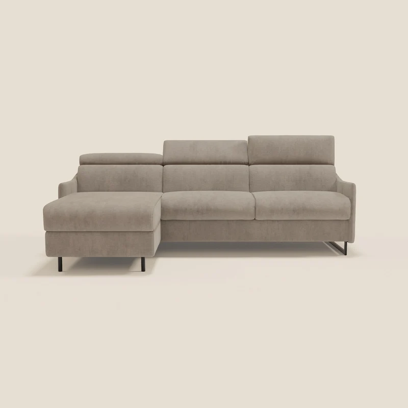 Loto Canapé d'angle convertible avec chaise longue coffre, têtières et matelas H 18 cm en tissu doux imperméable T14 taupe