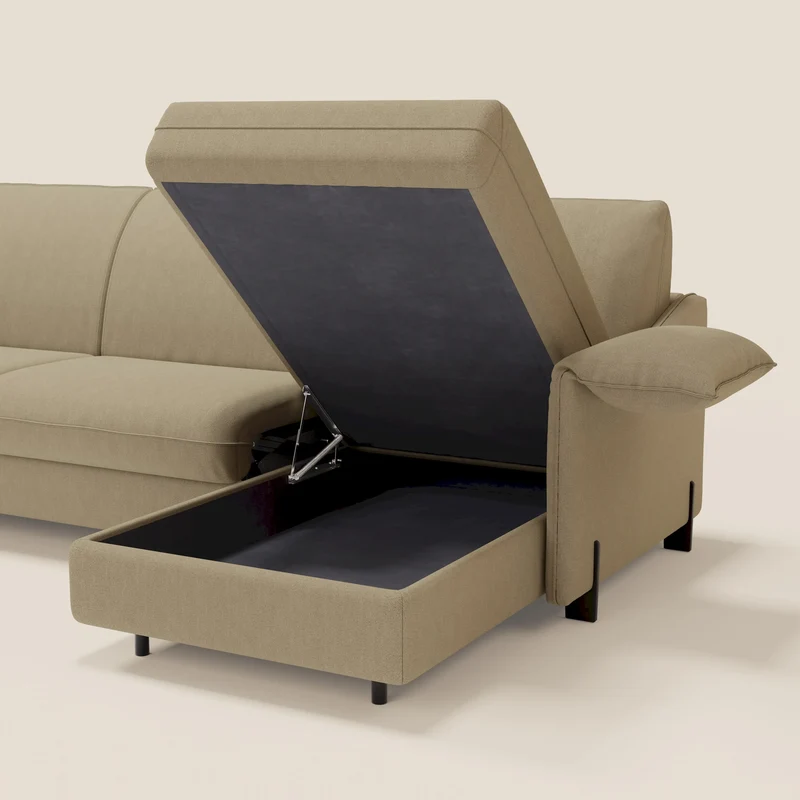 Primula Canapé convertible d'angle avec matelas H18 cm et chaise longue coffre en tissu détachable T05 camel