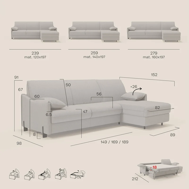 Primula Canapé convertible d'angle avec matelas H18 cm et chaise longue coffre en tissu détachable T05 beige