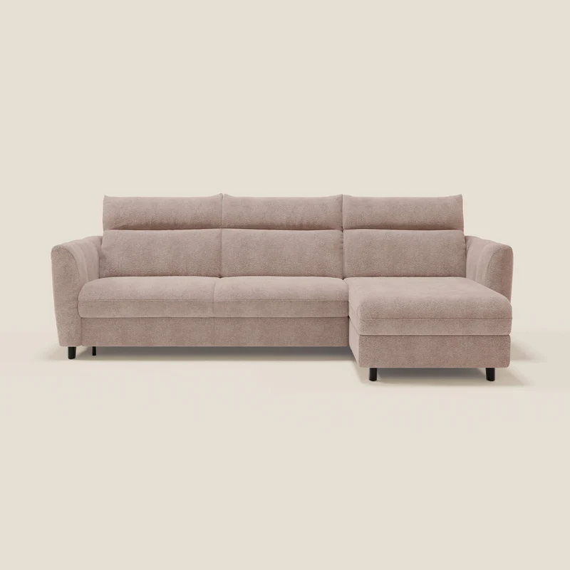 Peonia canapé d'angle convertible avec matelas H18 et chaise longue coffre en bouclette imperméable T07 rose