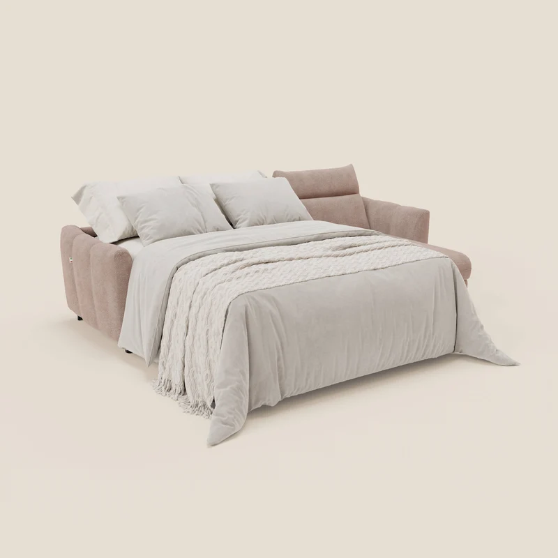 Peonia canapé d'angle convertible avec matelas H18 et chaise longue coffre en bouclette imperméable T07 rose