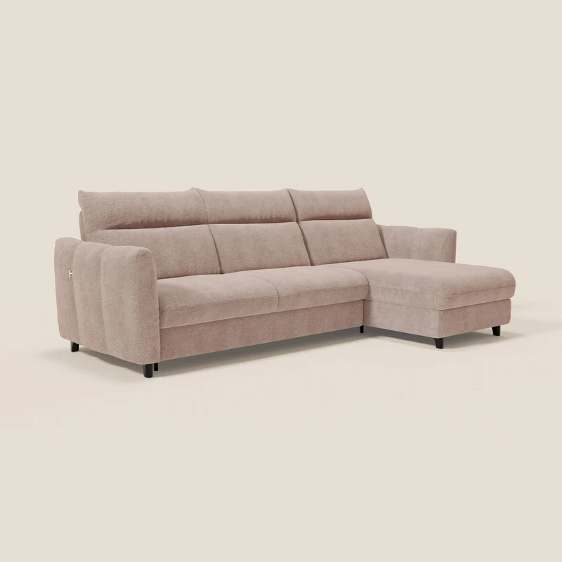 Peonia canapé d'angle convertible avec matelas H18 et chaise longue coffre en bouclette imperméable T07 rose
