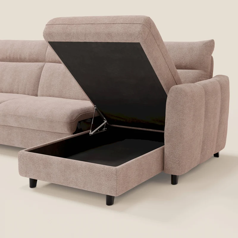 Peonia canapé d'angle convertible avec matelas H18 et chaise longue coffre en bouclette imperméable T07 rose
