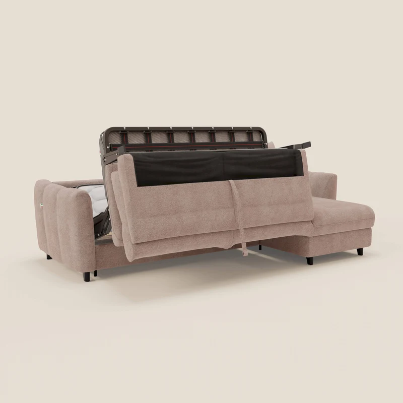 Peonia canapé d'angle convertible avec matelas H18 et chaise longue coffre en bouclette imperméable T07 rose