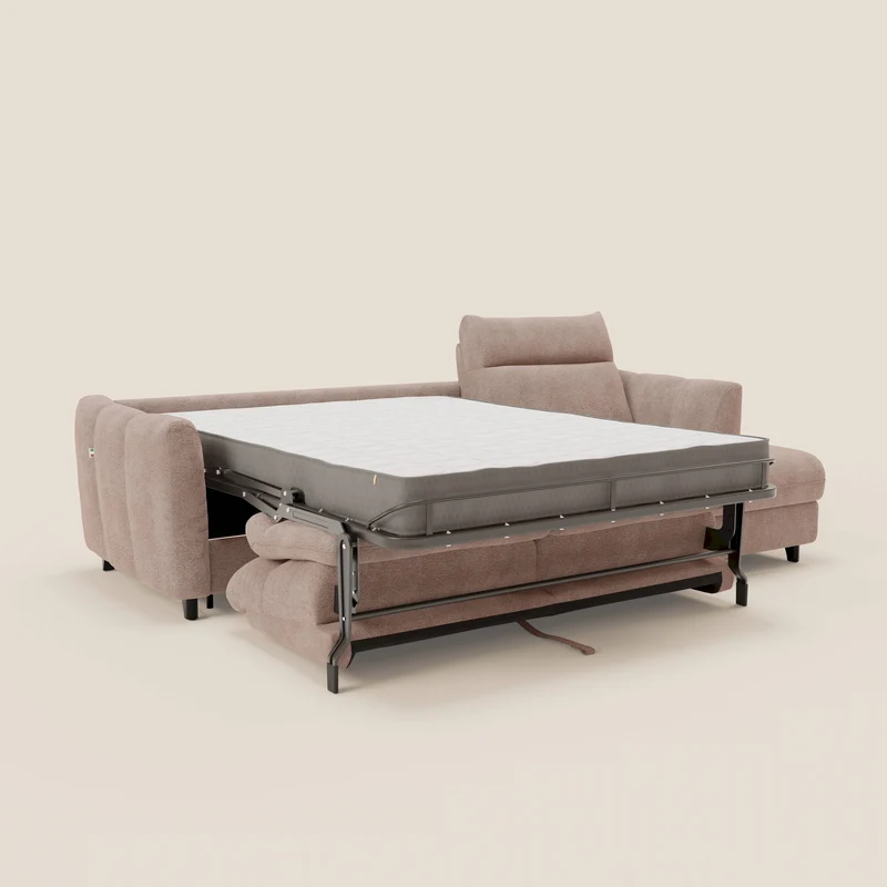 Peonia canapé d'angle convertible avec matelas H18 et chaise longue coffre en bouclette imperméable T07 rose
