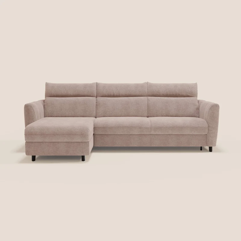 Peonia canapé d'angle convertible avec matelas H18 et chaise longue coffre en bouclette imperméable T07 rose
