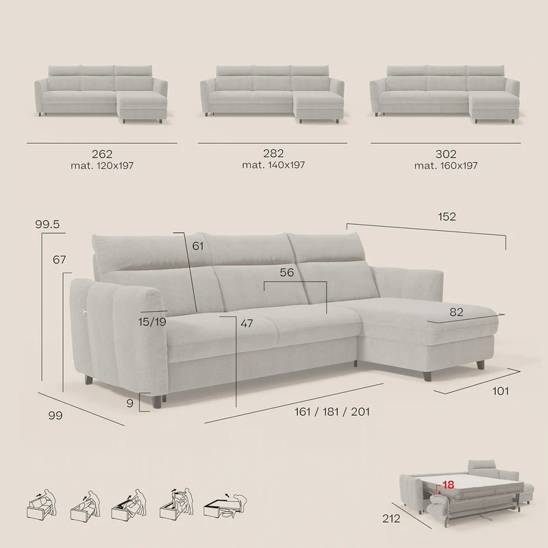 Peonia canapé d'angle convertible avec matelas H18 et chaise longue coffre en bouclette imperméable T07 rose