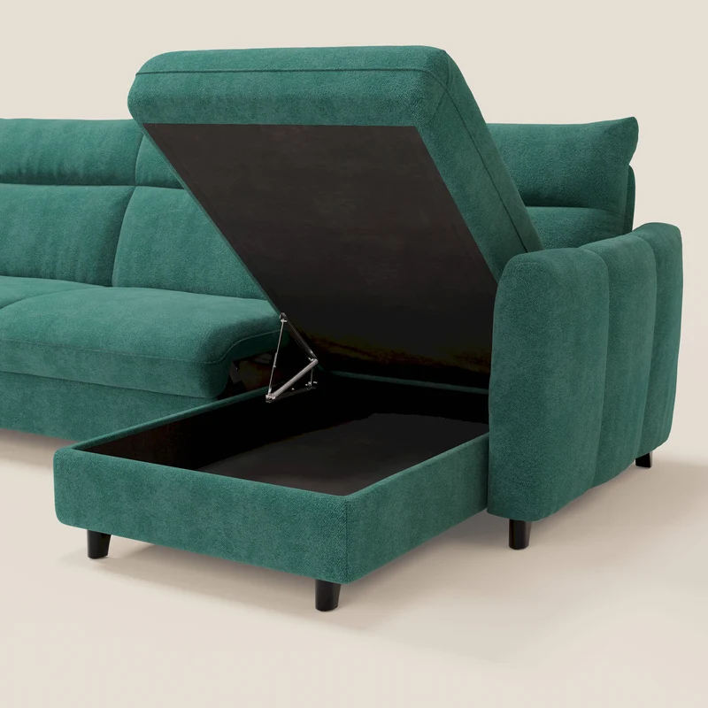 Peonia canapé d'angle convertible avec matelas H18 et chaise longue coffre en bouclette imperméable T07 vert