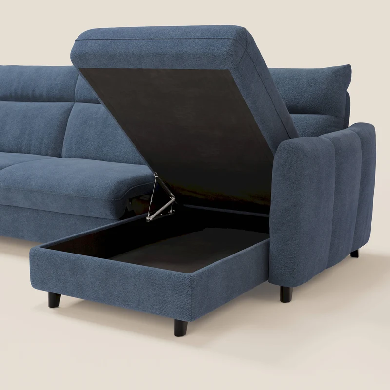 Peonia canapé d'angle convertible avec matelas H18 et chaise longue coffre en bouclette imperméable T07 bleu