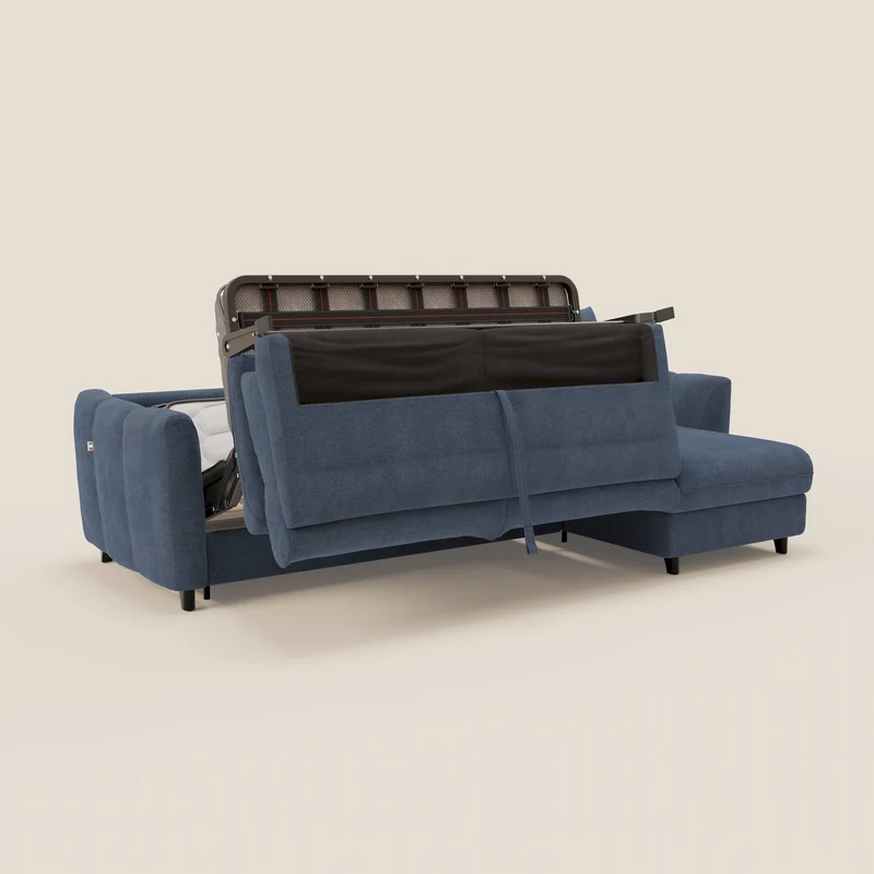 Peonia canapé d'angle convertible avec matelas H18 et chaise longue coffre en bouclette imperméable T07 bleu