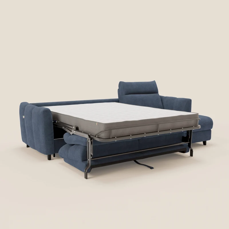 Peonia canapé d'angle convertible avec matelas H18 et chaise longue coffre en bouclette imperméable T07 bleu