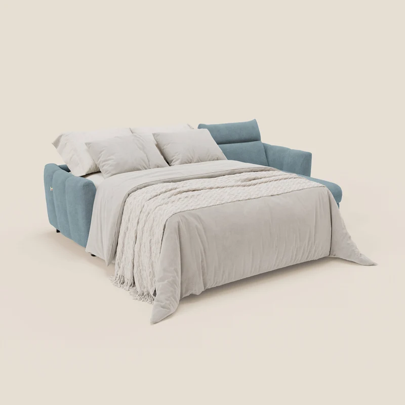 Peonia canapé d'angle convertible avec matelas H18 et chaise longue coffre en bouclette imperméable T07 bleu pastel