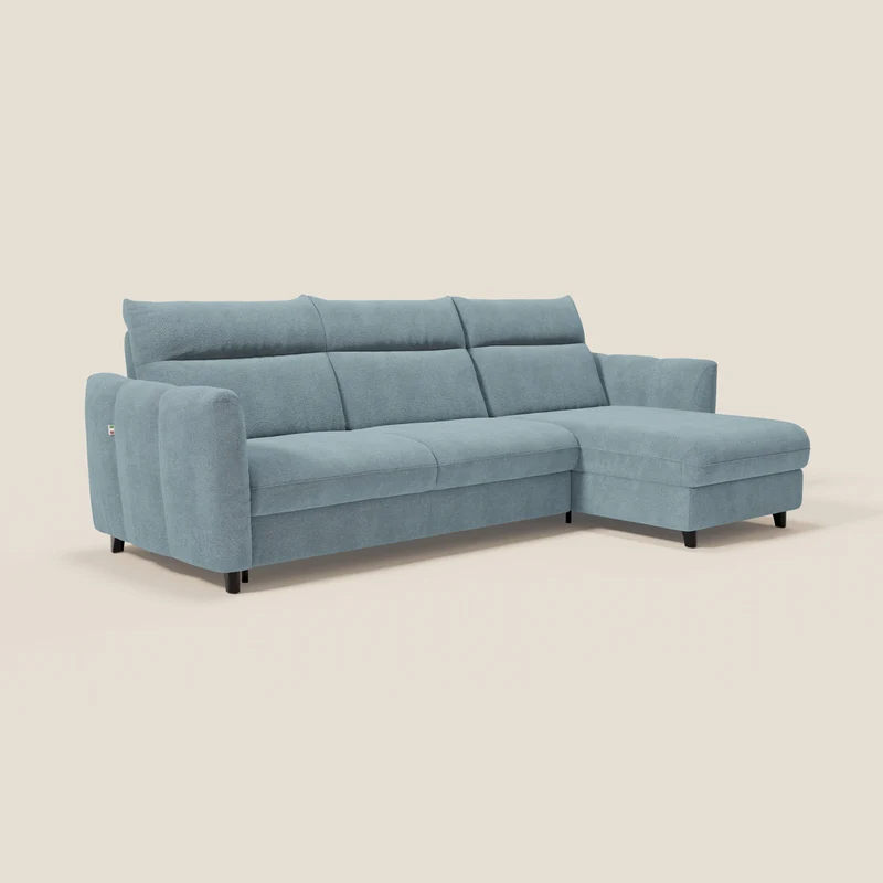 Peonia canapé d'angle convertible avec matelas H18 et chaise longue coffre en bouclette imperméable T07 bleu pastel