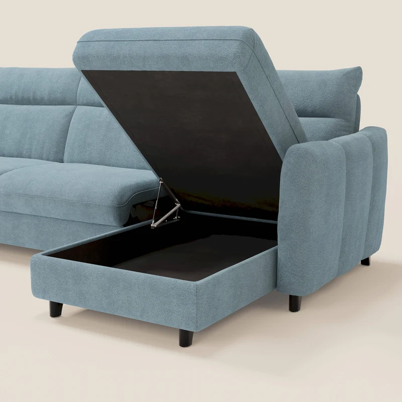 Peonia canapé d'angle convertible avec matelas H18 et chaise longue coffre en bouclette imperméable T07 bleu pastel