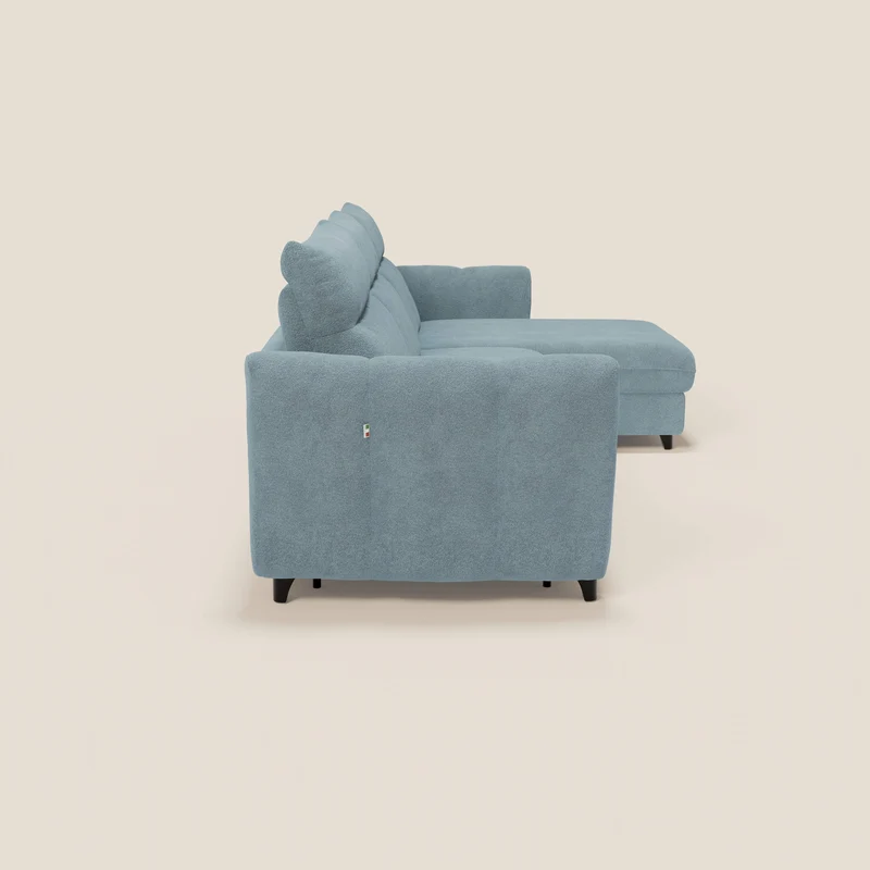 Peonia canapé d'angle convertible avec matelas H18 et chaise longue coffre en bouclette imperméable T07 bleu pastel