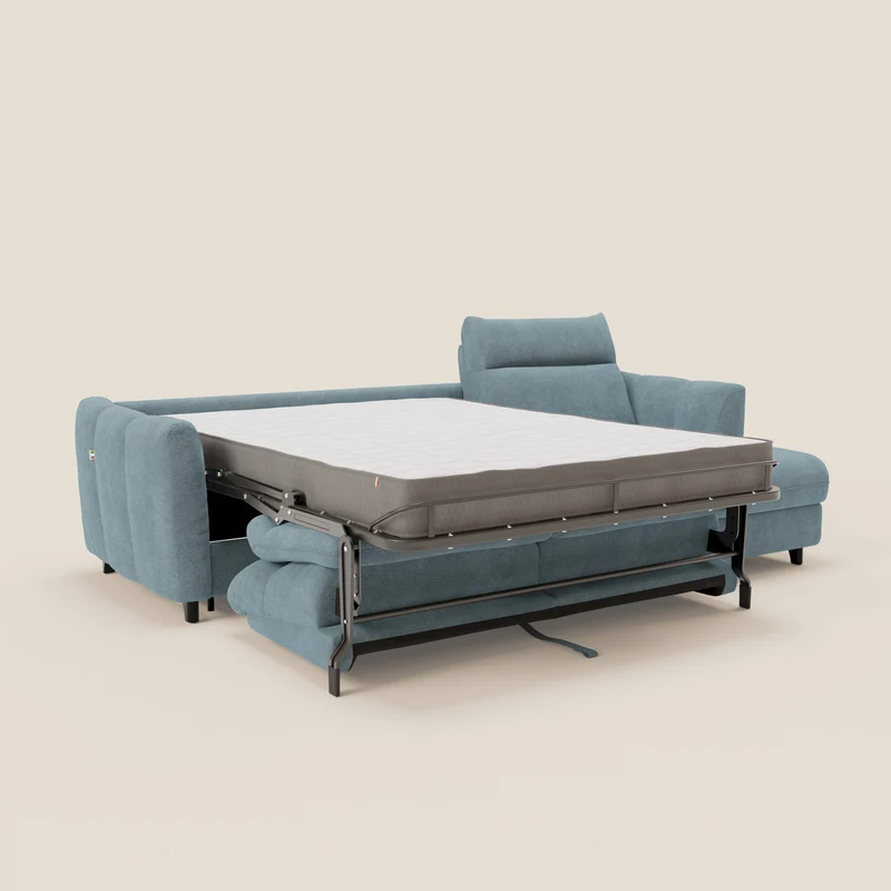 Peonia canapé d'angle convertible avec matelas H18 et chaise longue coffre en bouclette imperméable T07 bleu pastel